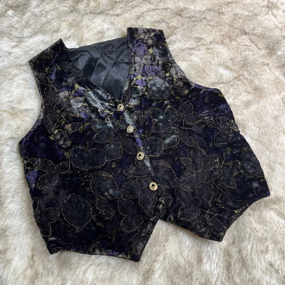 Purple & Black Velvet Leaf & Glitter Detail Special Occasion Vest - Picture 2 of 8